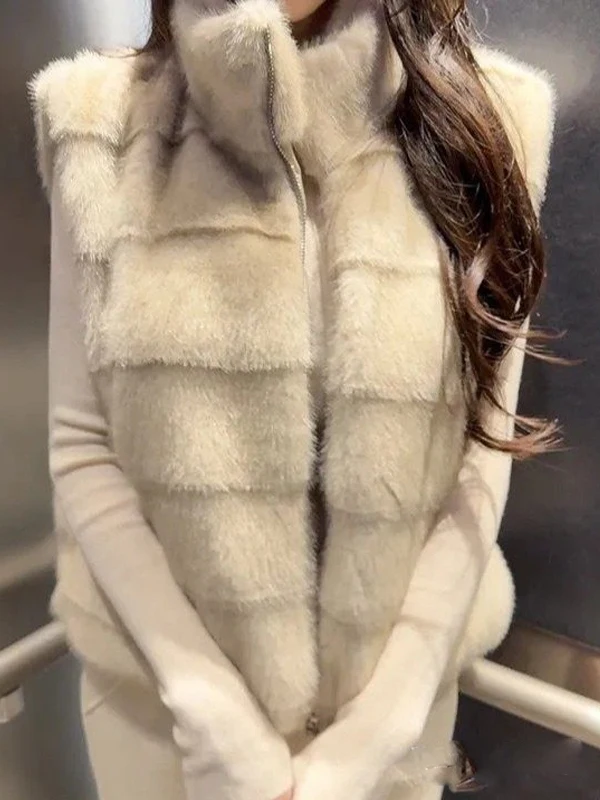 الشتاء شيك الفاخرة وهمية الفراء سترة المرأة سستة Svel الوقوف طوق ملابس خارجية دافئة ort Sle مستقيم أنبوب القرد