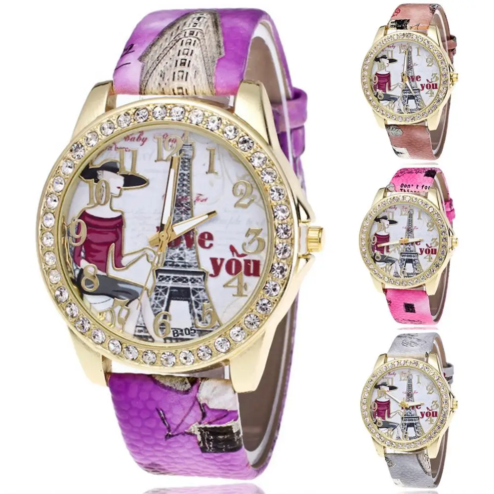 

Round Dial Quartz Wrist Watch Watch Analog Wrist Watch Rhinestone Inlaid Women Tower Arabic Number Quartz Wrist Watch