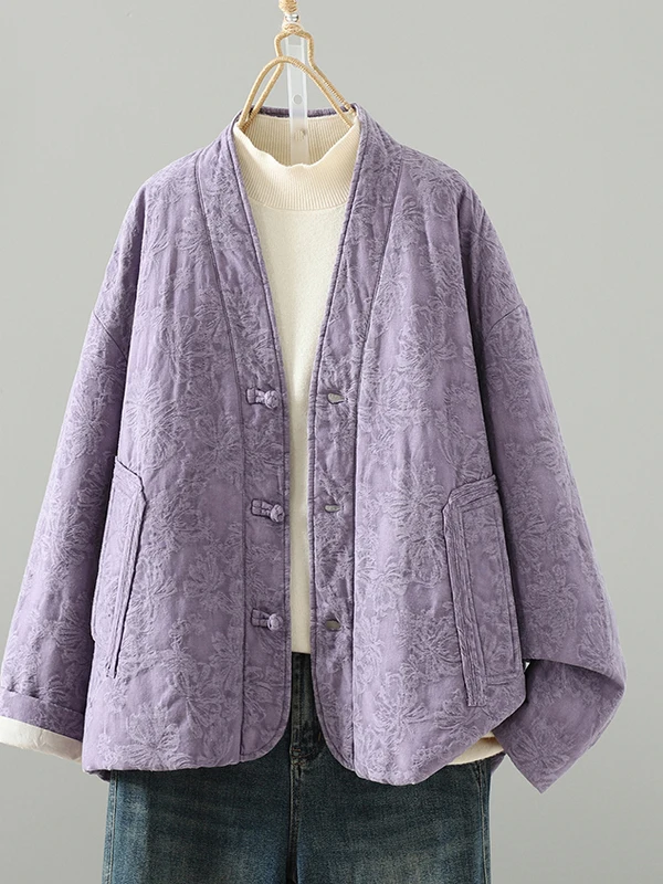 

Retro Chinese Sle Women's Cotton Jaet V-Ne Button up Warm Floral Embroidery Long Sve Thiened Winter Outerwear