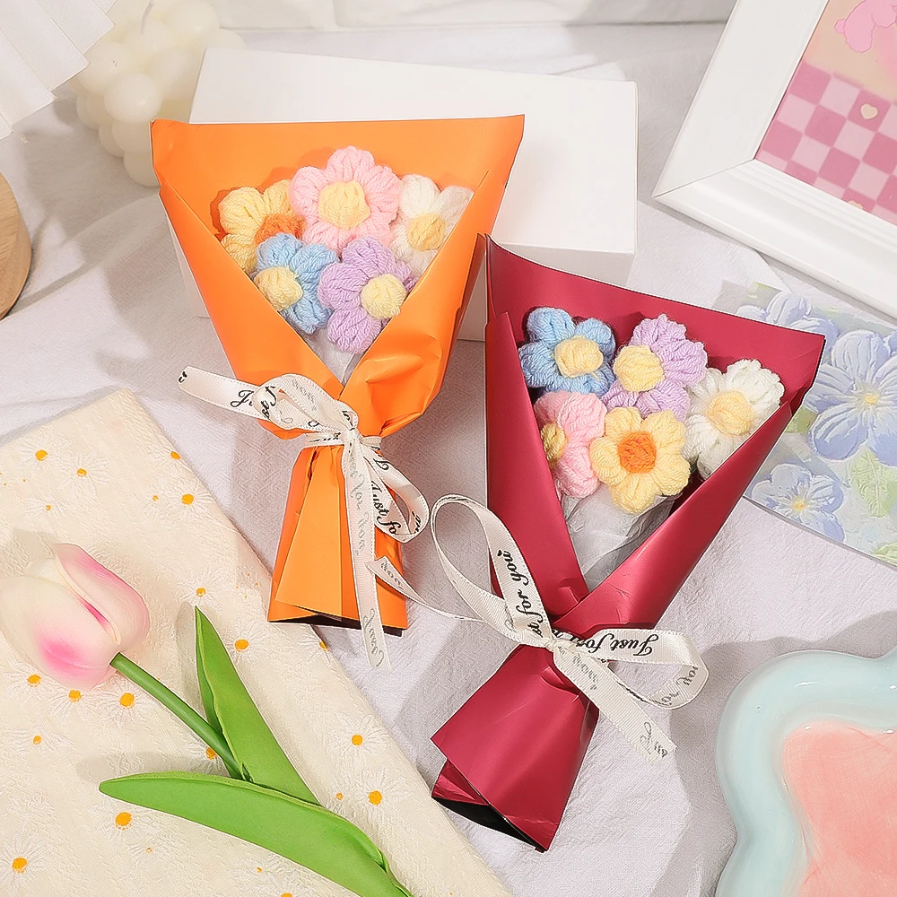 6Pcs Mini Flower Bouquet Artificial Wool Crochet Woven Knitting Daisy Decor Handmade Birthday Mother's Day Gift Photography Prop