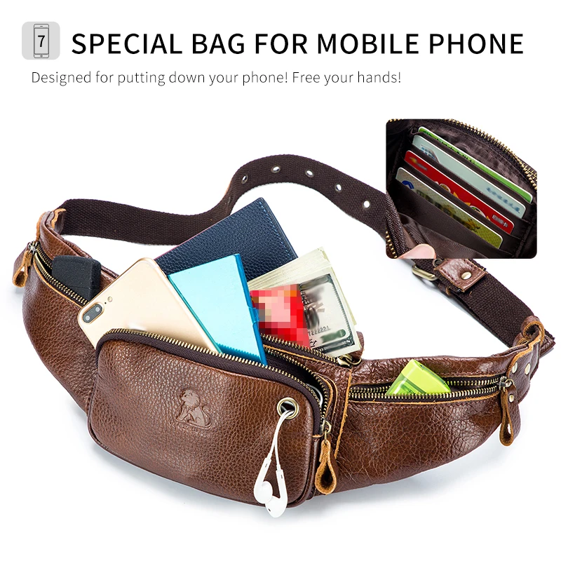 

Men's genuine leather waist bag, cowhide large capacity cash register bag, retro casual chest bag, multi card crossbody bag