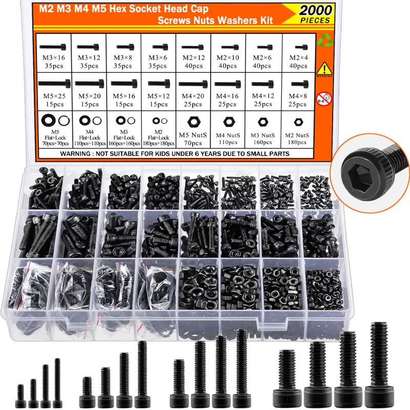Jeu de rondelles de boulons et écrous à vis métriques, 2000 pièces, M2 M3 M4 M5, assortiment de vis à tête hexagonale noire en acier allié 12.9