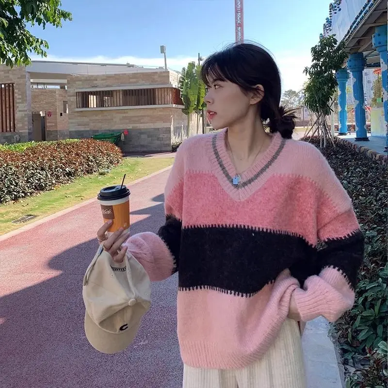 Winter Women Sweater Pullover Knit Jumpers Loose Striped Pull Jumpers Korean Style Knitwear Casual Top Cashmere Sweaters