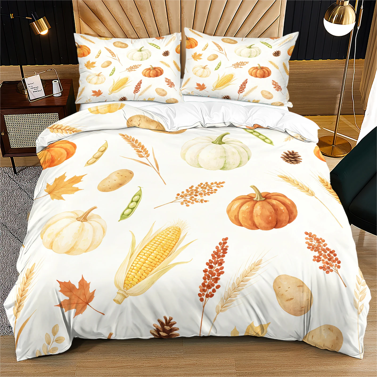 Autumn Harvest Pumpkin Vegetable Bedding Set Watercolor Corn Potato Wheat Duvet Cover Set With Pillowcases Thanksgiving Decor
