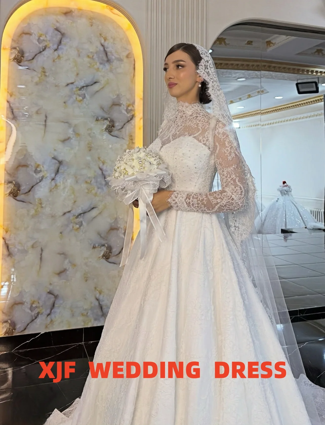 Aangepaste hoge hals lange mouwen A-LIJN kant elegante trouwjurk amanda novias vestidos de novia amanda's novias