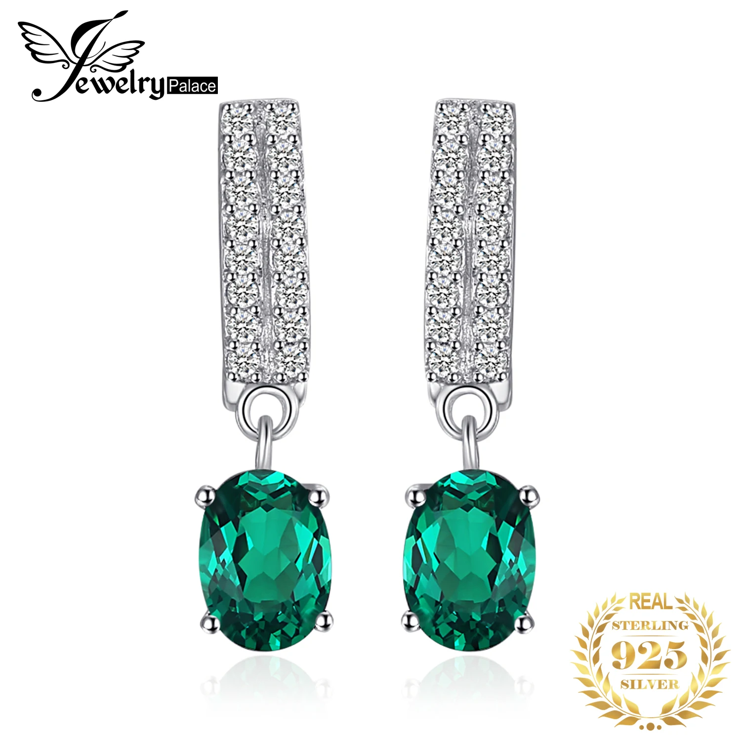 JewelryPalace 1.4ct Oval Simulated Nano Emerald 925 Sterling Silver Hoop Earrings for Woman Gemstone Fine Jewelry Wedding Gift