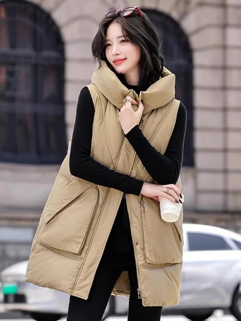 

Korean Down Cotton Vest Women's Large Size Outer Wear 2025 New Autumn And Winter Mid Length Waistcoat Hooded Jacket Trend w1345