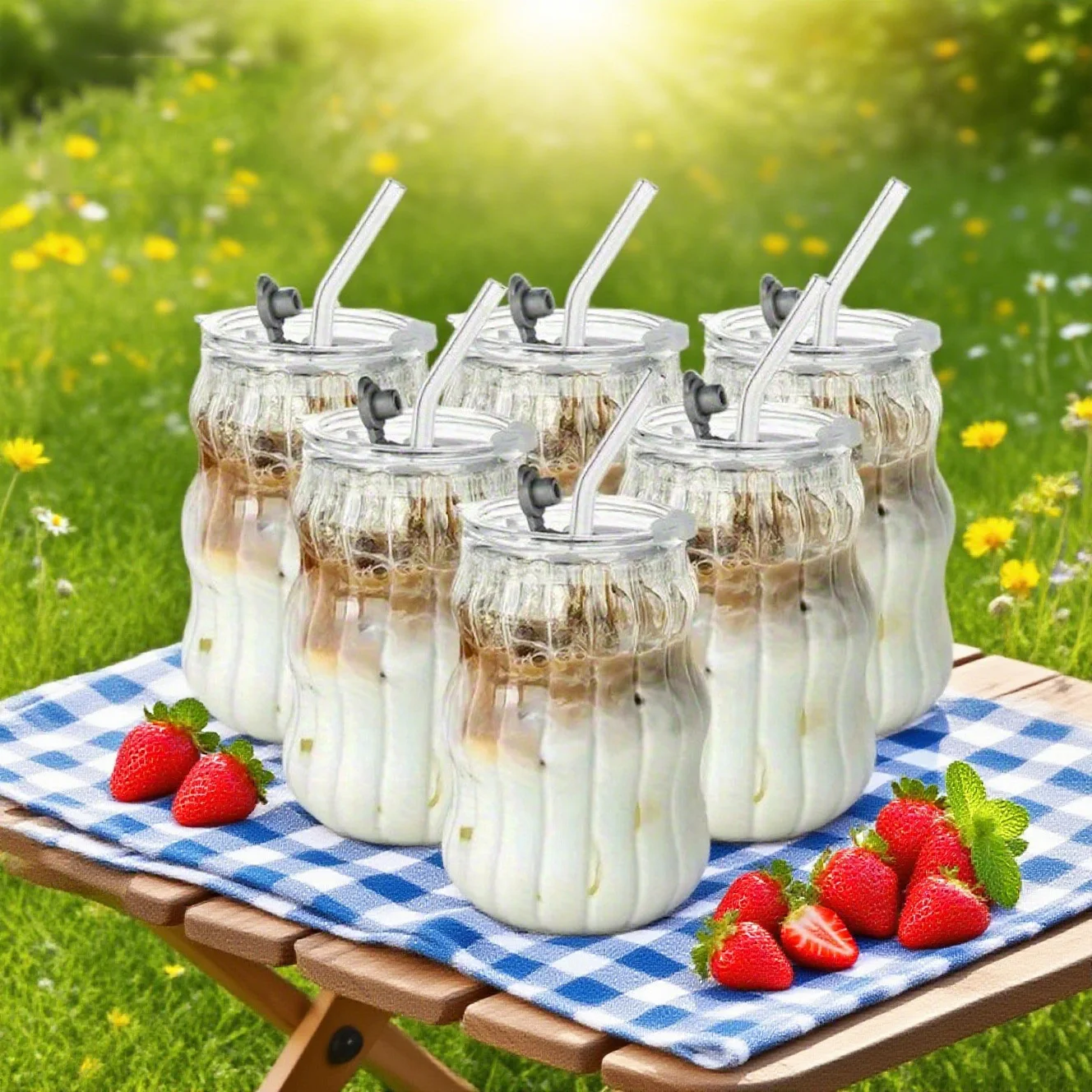2/4 Stück gerippte Glasbecher mit Strohhalm und Deckel, Glaswaren im Wellenform-Design, 45,7 cm, gewellte Trinkgläser, 45,7 cm, für Eiskaffee, Latte