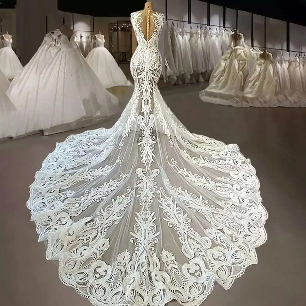 Vestidos De Casamento De Renda Com Trem Da Catedral, Sexy Ilusão Voltar Sereia Vestido, Robe Romântico, Novo