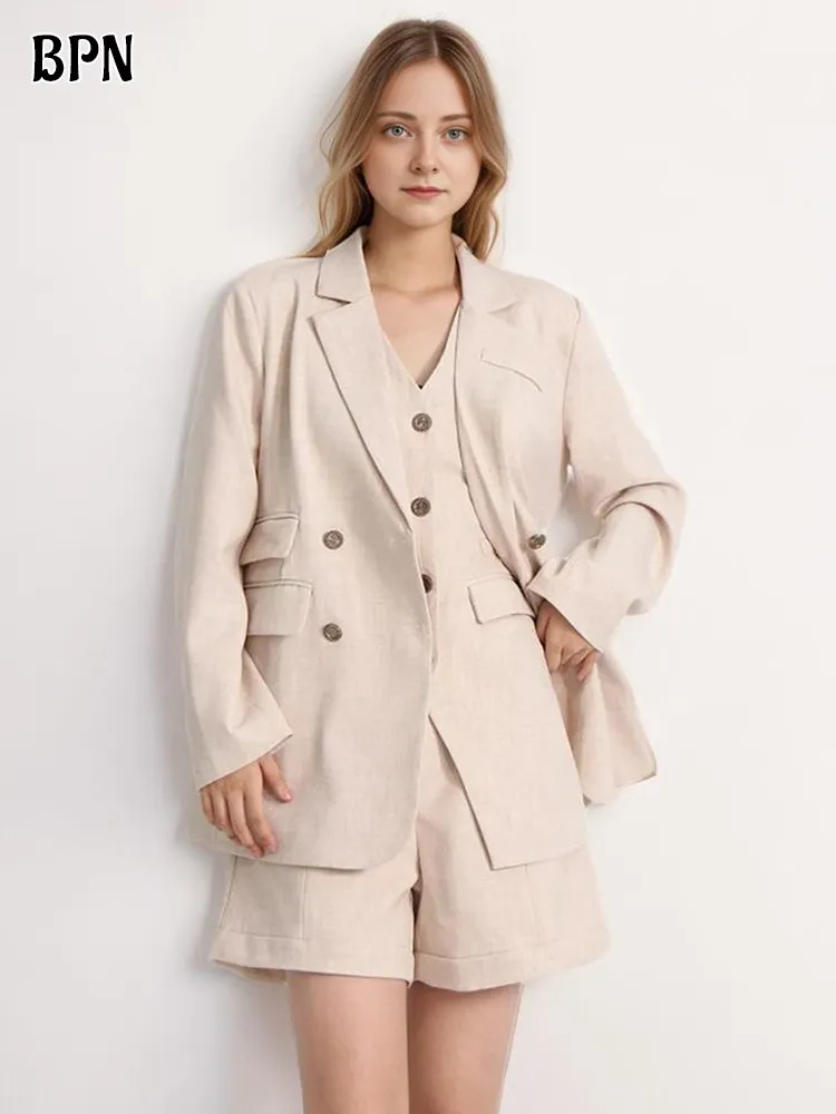 

BPN Casual Three Piece Sets For Women V Neck Sleeveless Top Notched Collar Long Sleeve Blazer High Waist Shorts Solid Set Female