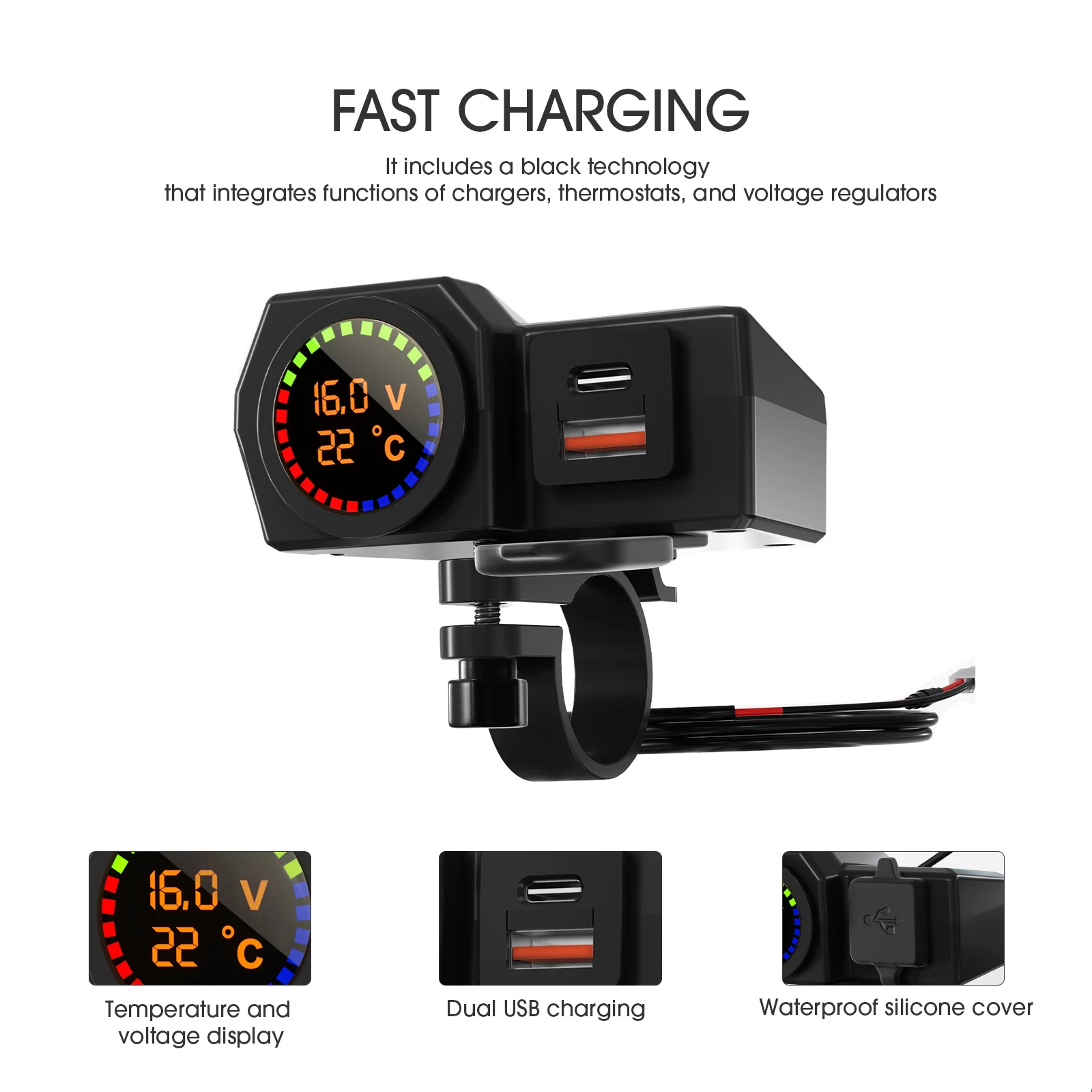 Motorrad Ladegerät QC3.0 Motorrad Typ C Spannung Und Temperatur Digital Display Dual USB Handy Ladegerät PD Auto Ladegerät