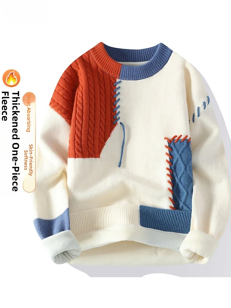 

Мужской зимний вязаный свитер с флисовой подкладкой, новый, модный, базовый слой, для средней школы, трендовый бренд, из пряжи Lazy Sle Yarn S