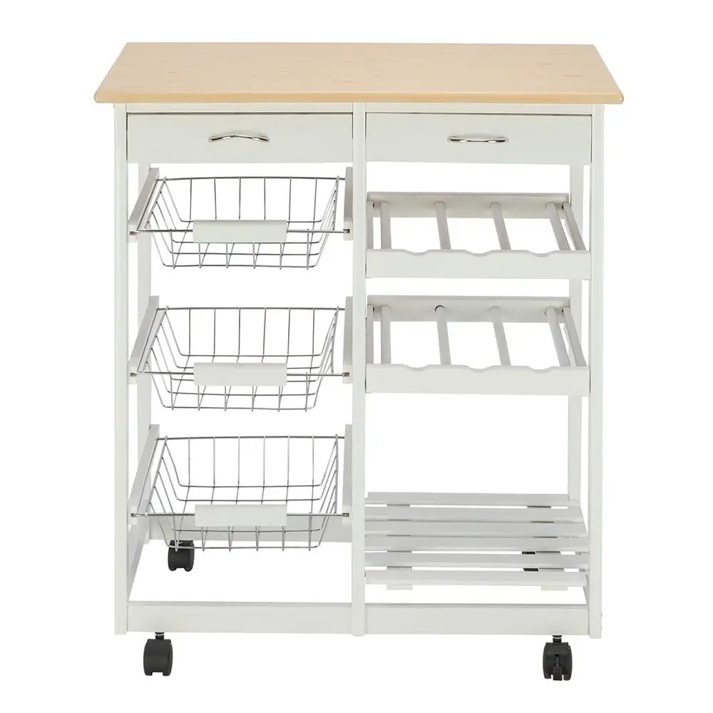 Stylish Moveable Kitchen Cart with 2 Drawers, 2 Wine Racks & 3 Baskets - White Storage Solution