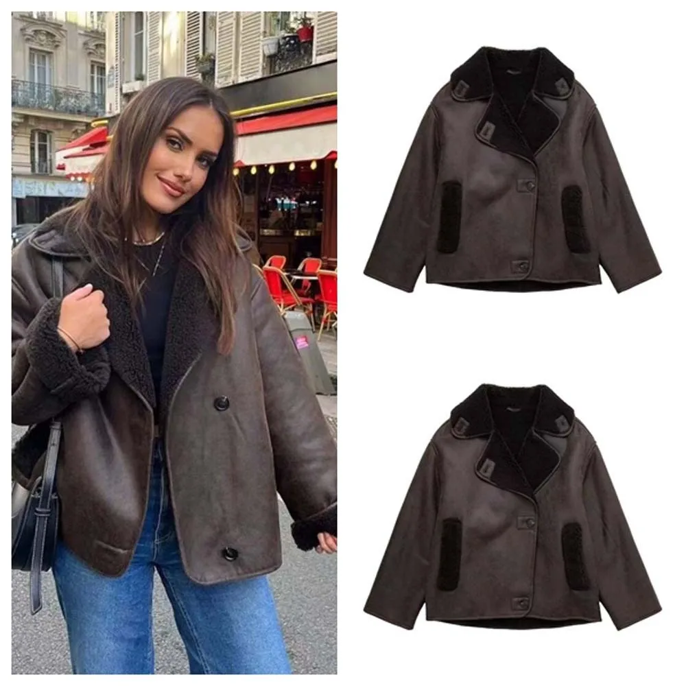 Streetwear Women Leather Jackets Long Sleeve Korean Style Clothes Plush Jacket Coats Coffee Color Warm Leather Outerwear Travel