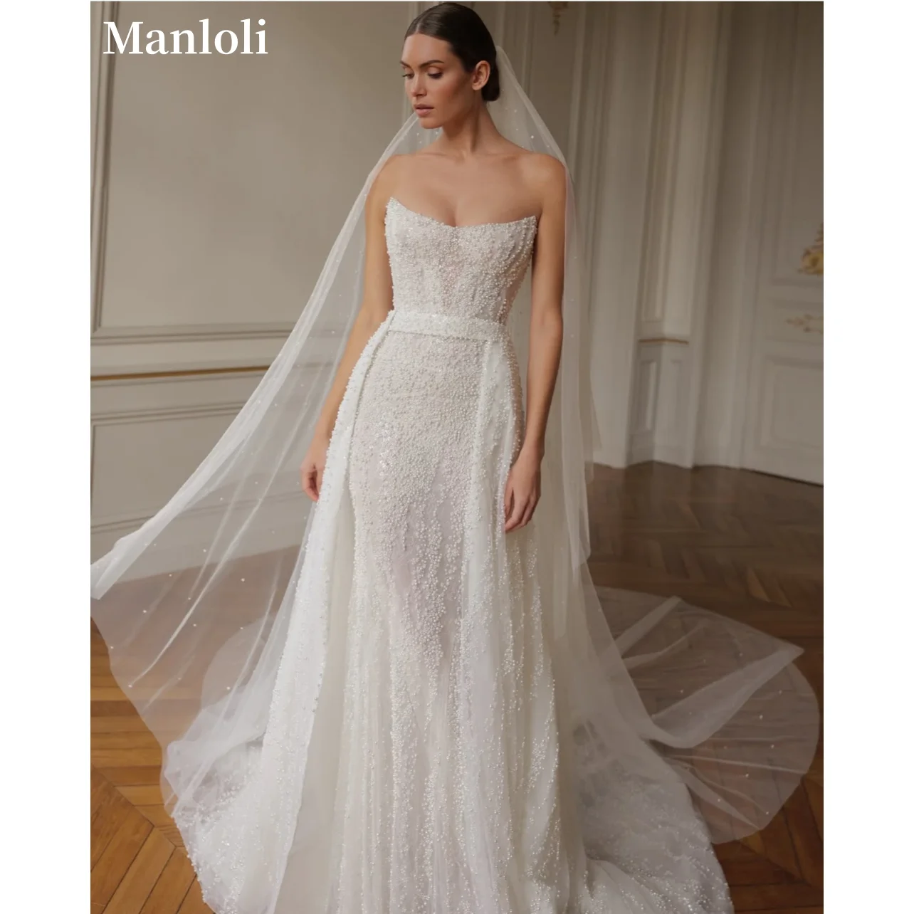 

Customized Charming Off Shoulder Mermaid Wedding Dress Strapless Beaded Tulle Bridal Gown Detachable Trailing Robe