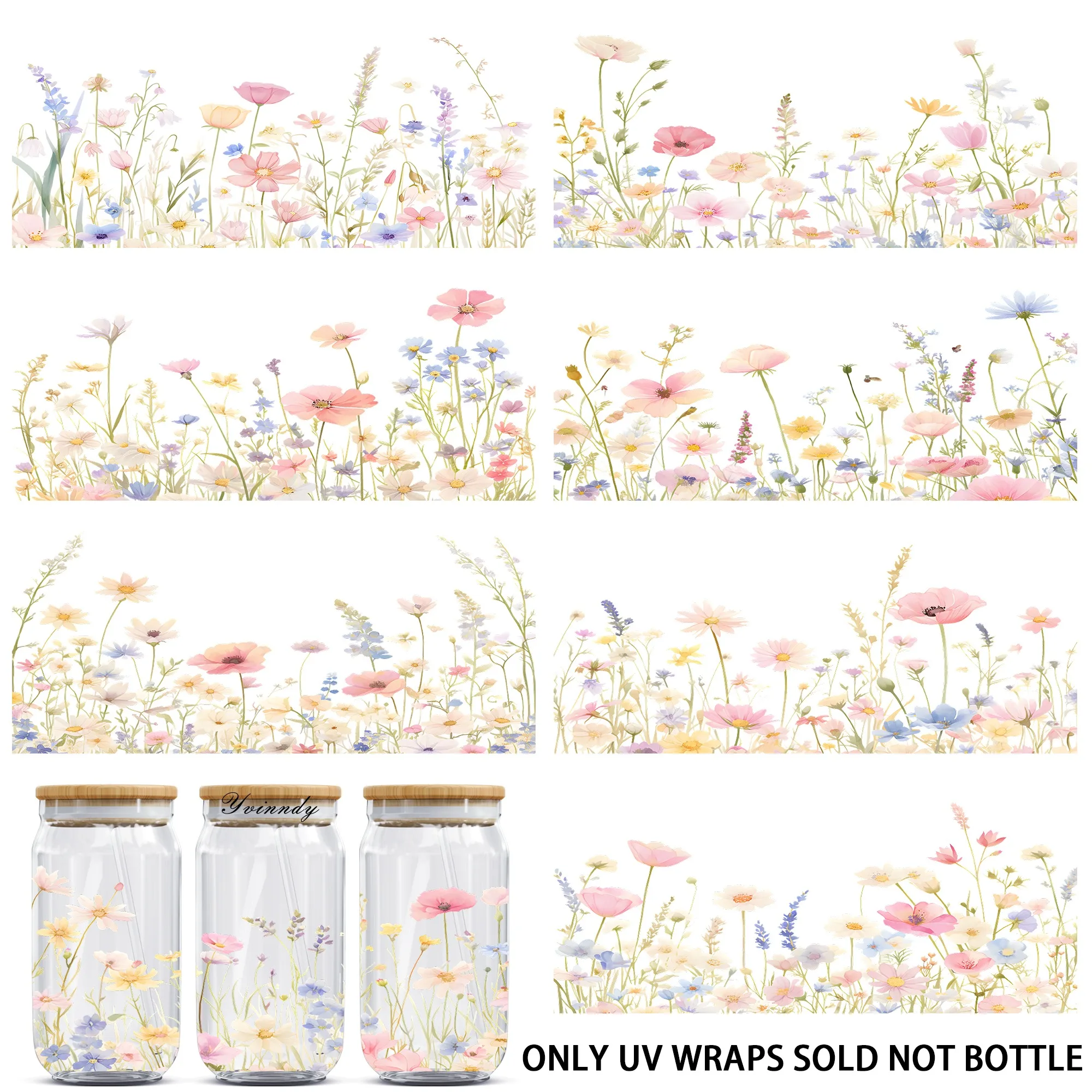 

8Pieces/Set Pink Watercolor Flowers Stickers16-ounce Cup UVDTF Transfer Stickers Waterproof And Scratch-resistant, Easy To Use