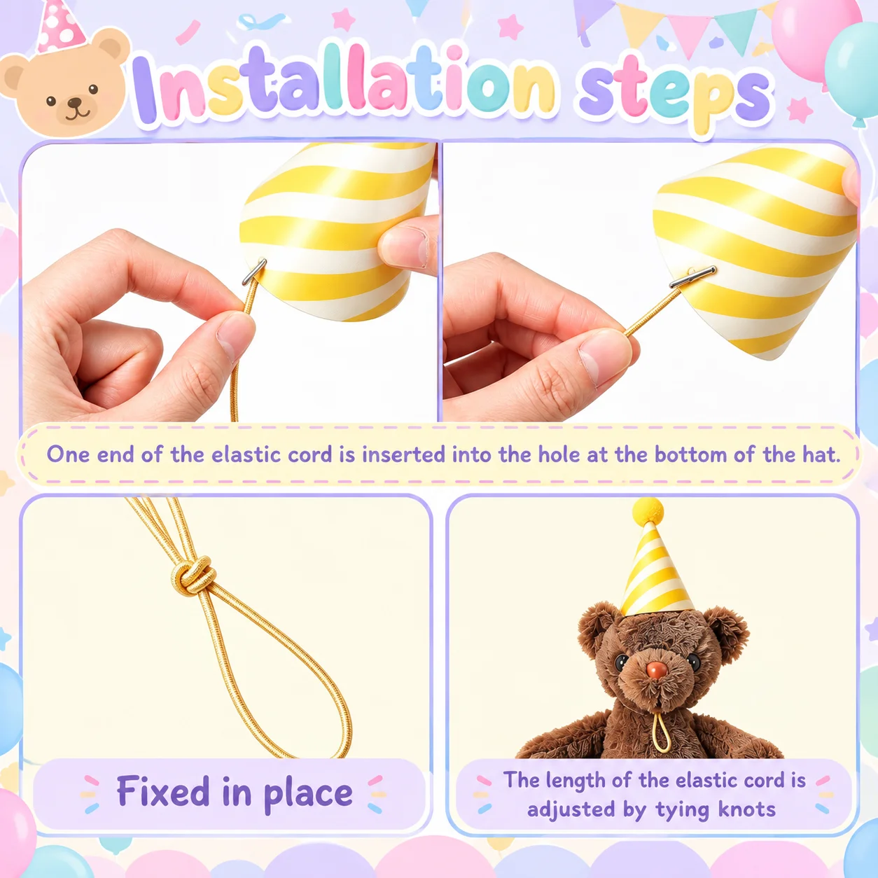 4-8Sets 9.8Inch Teddy Bear Stuffed Animal Mini Party Hats and Pastel Balloon Ribbon for Birthday Party Baby Shower - view 5