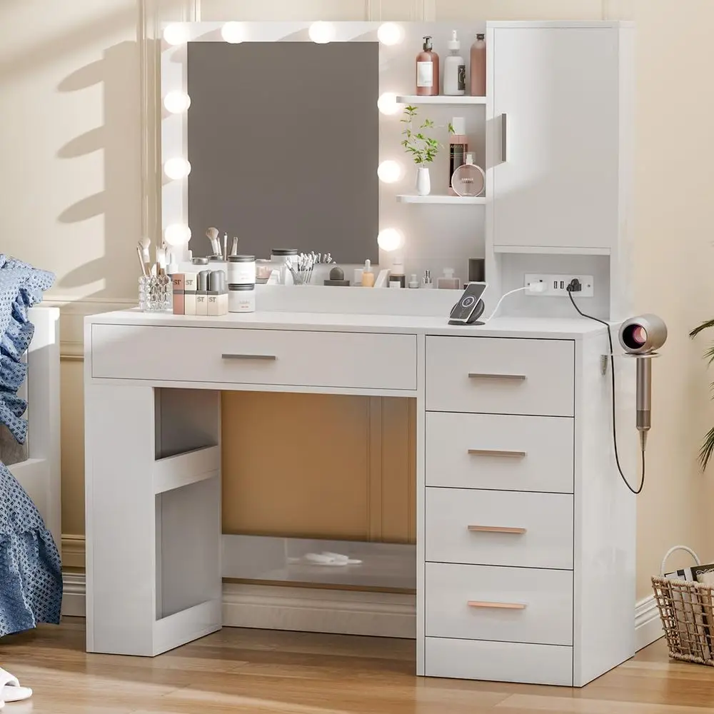 

37 White Makeup Vanity Desk with Mirror, Lights, Drawers, Storage Cabinet & Hooks for Dressing Room or Bedroom