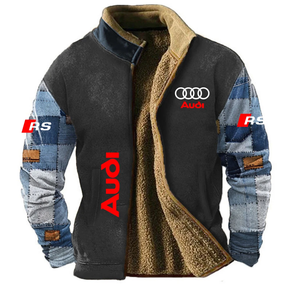 Audi Men's Jacket Top Autumn/Winter New Trendy Plush Coat Lamb Fleece Fur Lining Cloth Warm Zipper Stand up Collar Coat