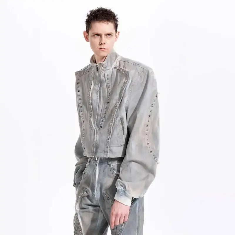 LUZHEN Decorate Rivet 2026 Washed New Metal Vintage Wornout Patchwork Design Male Denim Jacket Men's Fashion Street Coat JY8426