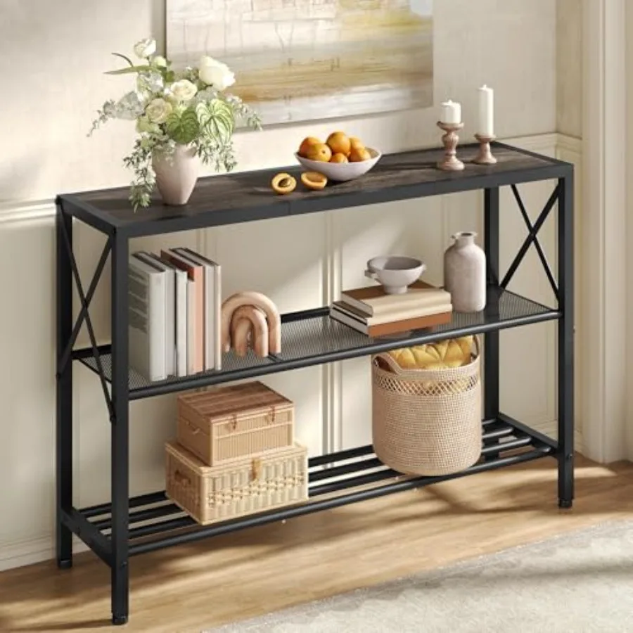 

Industrial Console Table for Entryway, Living Room, Foyer, Hallway, Office 3-Tier Narrow Sofa Table with Shelves, Grey Metal an
