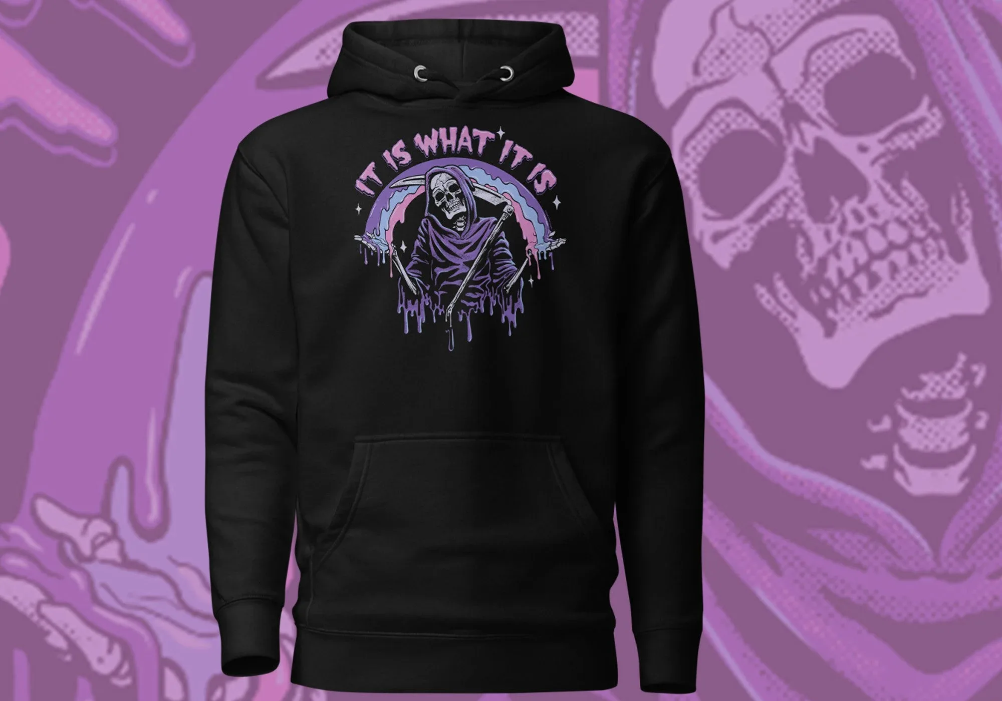 

"IT IS WHAT IT IS" and Reaper Printed Cotton Hoodie Stylish and Edgy Sweatshirt To Showcase Your Laid - Back Dark Aesthetic