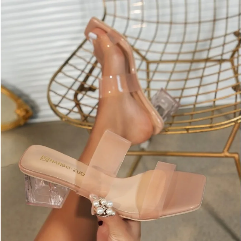 

Crystal Clear Transparent Slippers Female Shoes Middle Heels Comfortable New Summer Women Shoes Woman Fashion Cool Mules Slides