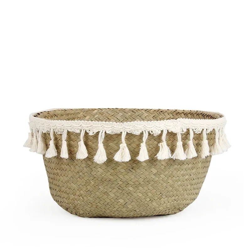 Artesanal Decoração Boho Cestas De Vime, Armazenamento, Dobrável, Palha, Rattan, Barriga De Ervas Marinas, Jardim, Vaso De Flores