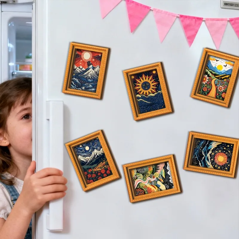 6Pcs/set Wooden Refrigerator Magnet Artwork Fridge Magnet Sticker Frame Hanging Picture Stickers