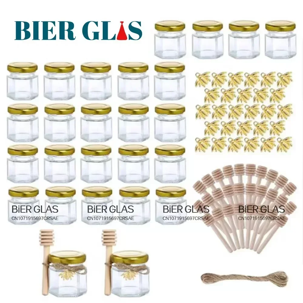 1.5oz Hexagon Mini Glass Jar Wood Dipper Gold Lid Bee Pendant Jute Rope Set Or Small Containers Bottles for Jam Candies Honey