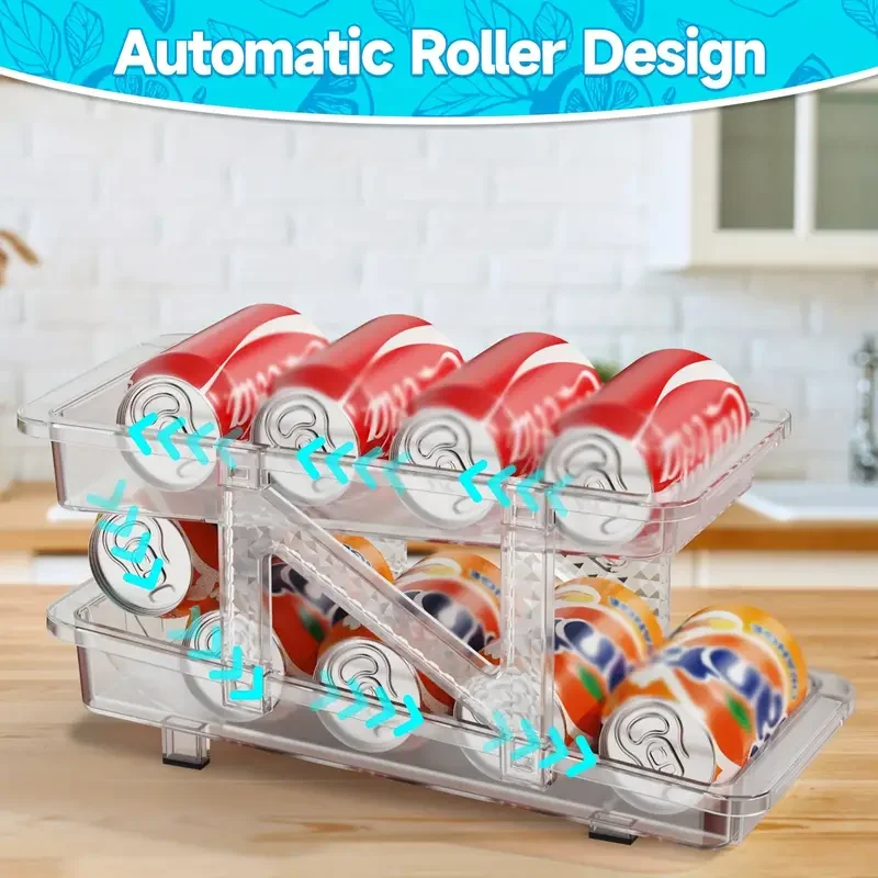 

2pcs Soda Can Dispenser Adjustable Width Soda Can Organizer 2-Layer Canned Food Storage Rack For Kitchen Refrigerator