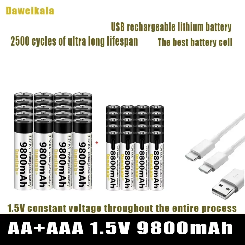 Pilas recargables USB AA + AAA de 1,5 V, pilas AA de 9800mAh/AAA de iones de litio de 8800mAh para juguetes, reloj, reproductor de MP3, termómetro y Cable