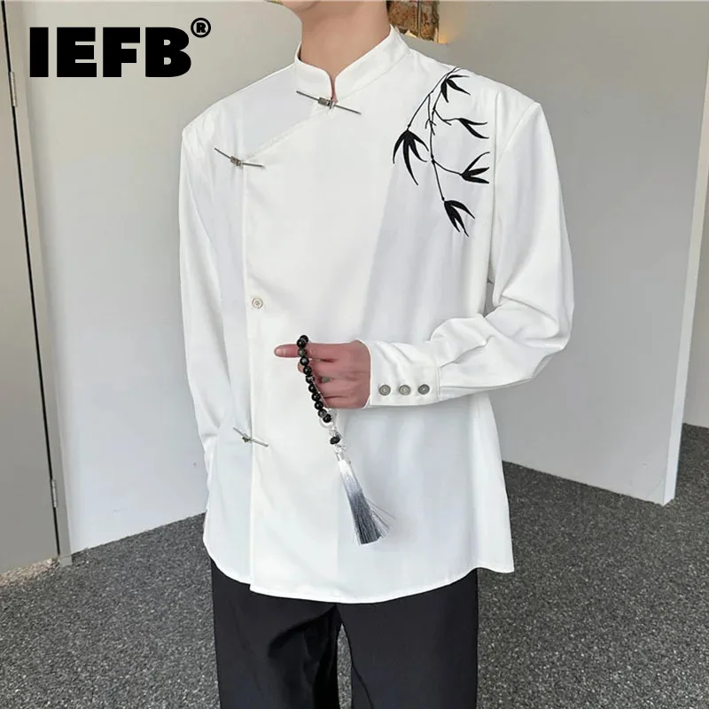

Мужская рубашка IEFB в китайском стиле, трендовая рубашка с вышивкой в виде бамбуковых листьев, новая однобортная рубашка с длинным рукавом и воротником-стойкой, модель 9C5260