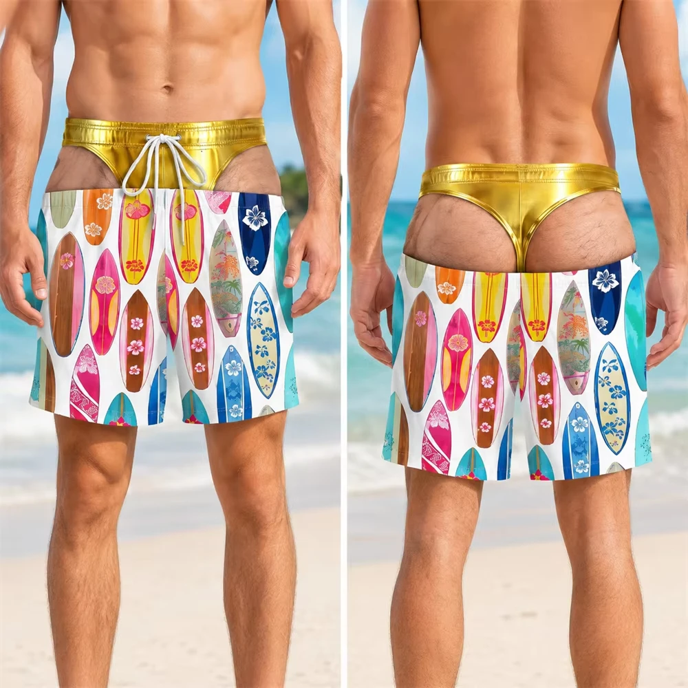 Unisex Hawaii Surf Print Cut‑Out Swim Trunks Novelty Drawstring Beach Shorts Quick Dry Summer Vacation Party Bathing Swimwear