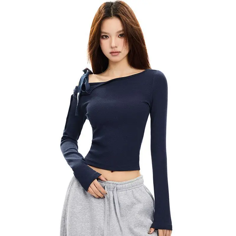 American style spicy girl solid color slim fit women's long sleeved t-shirt autumn Harajuku spicy girl shoulder strap design top