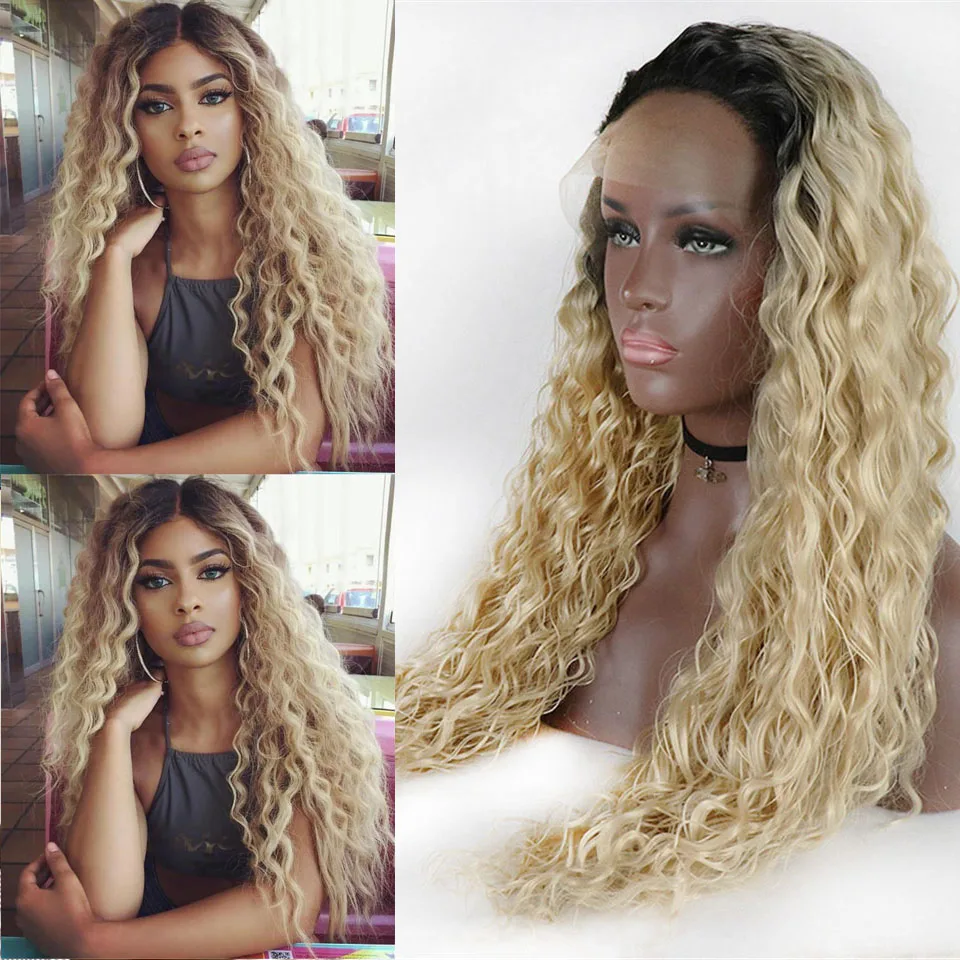 

Ombre Blonde Synthetic Lace Front Wig for Women Long Curlys Black to Light Blobe Wear Curly Wigs Pre Plucked Heat Resistant Wear