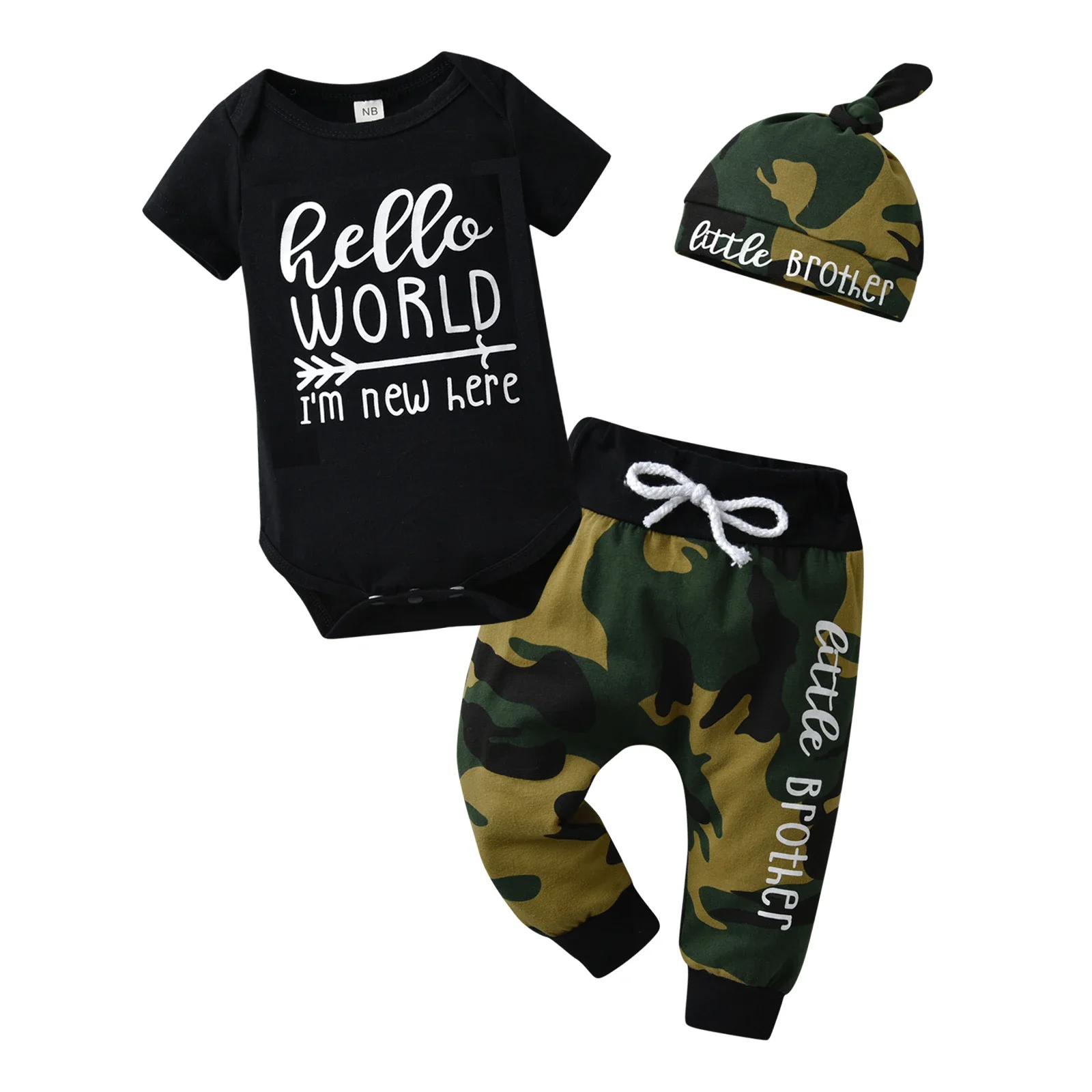 3pcs infant Baby Boys Fashion Clothes Set Cotton Short Sleeve Romper Bodysuit Top with Letter Camo Long Pants Hat Newborn Outfit