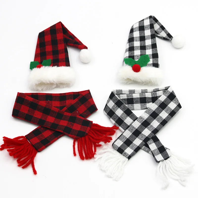 

(1 Piece/bag) Christmas Plaid Cloth Red Wine Bottle Set Mini Scarf Hat Holiday Party Decoration DIY Cute Atmosphere Packaging