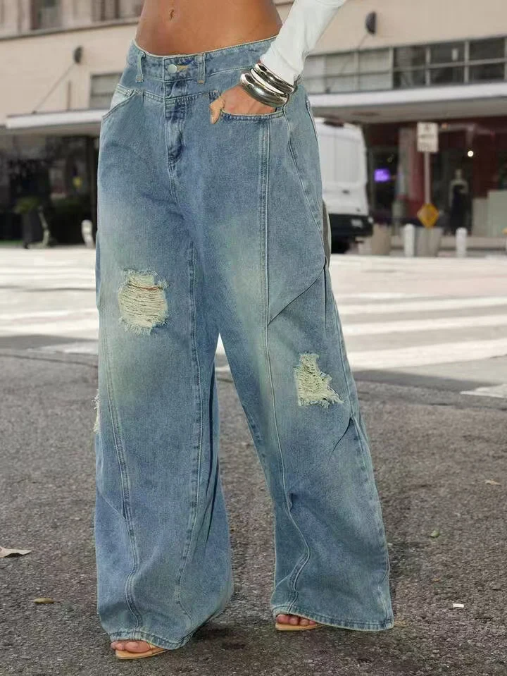 Light Blue Ripped Wide Leg Denim Jeans with Panel Stitching Loose Long Trousers for Women