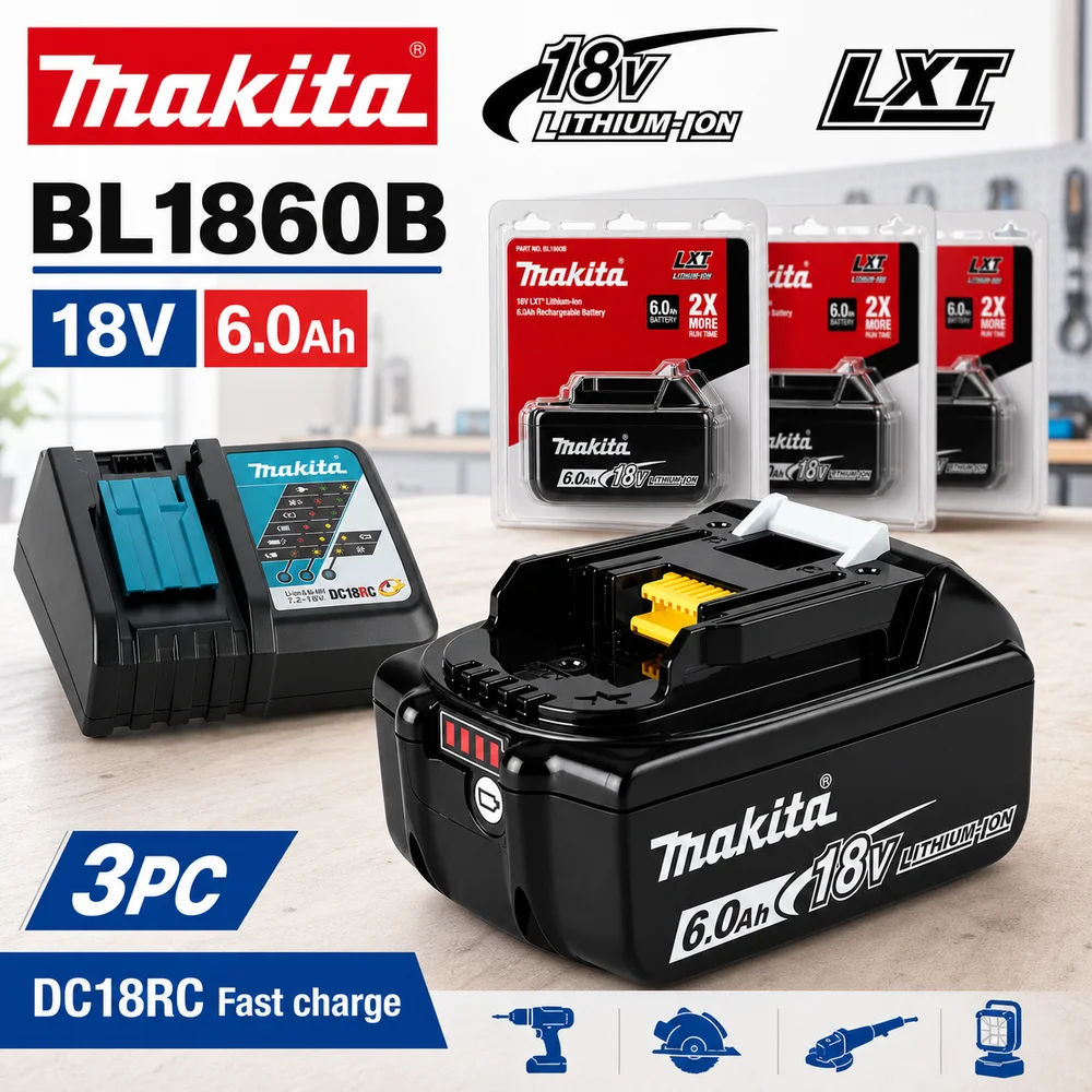 Makita 18V LXT Original BL1860B 6,0Ah Li-Ionen-Werkzeugakku, nur Akku, kompatibel mit BDF453SHE BDF454Z BHP452 BDA350 BDF451Z BGA452Z BHP453 BHR240Z, BL1815 BL1815N BL1820 BL1830B BL1850B BL1860,