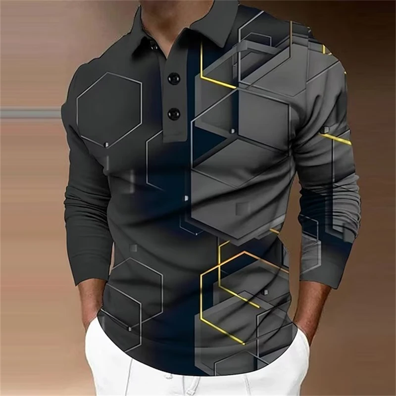 

3D Geometric Pattern Men's Polo Shirt Fashion Simple Hexagon Graphic Long Sleeve Top Autumn Casual Loose Comfortable Man Clothes