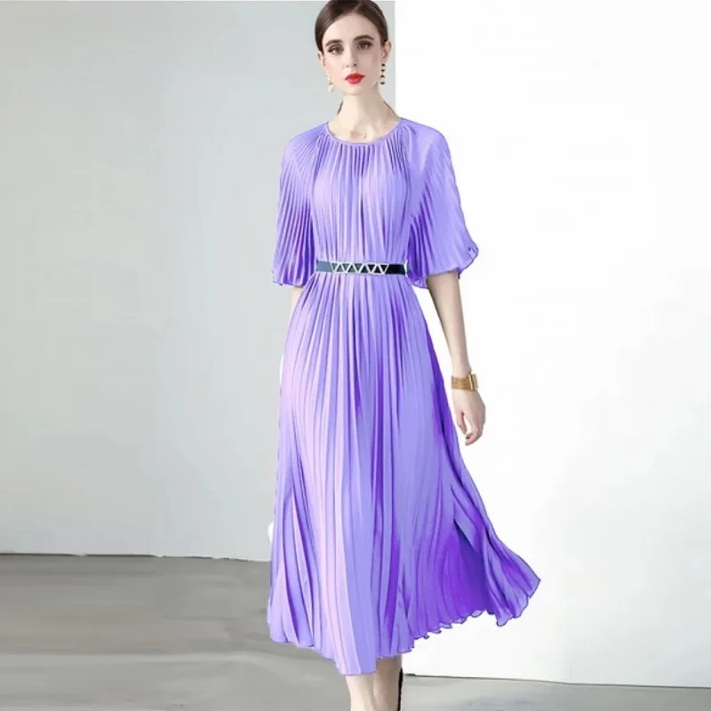 Miyake New Summer Pleated Long Dress Women O-Neck Lace-up Belt Solid Loose Large Size Splicing Vintage Party Dresses 2023