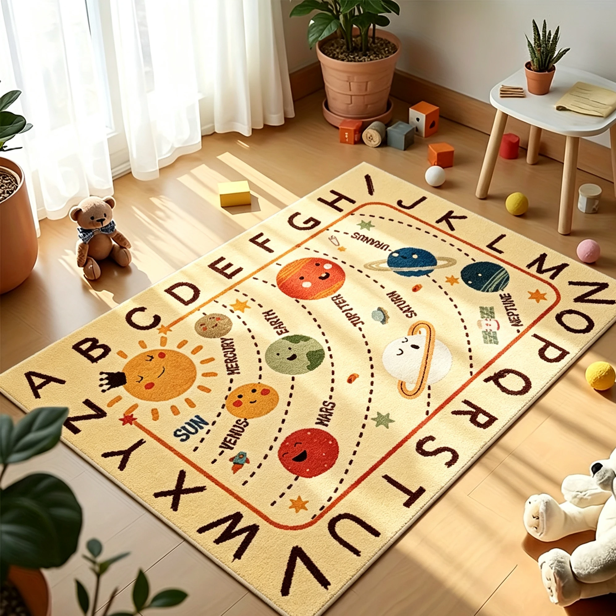 Educational Printed Decorative Rug Cartoon Planet Sun Star Graphic Pattern Floor Carpet Indoor Living Space Bedroom Study Room