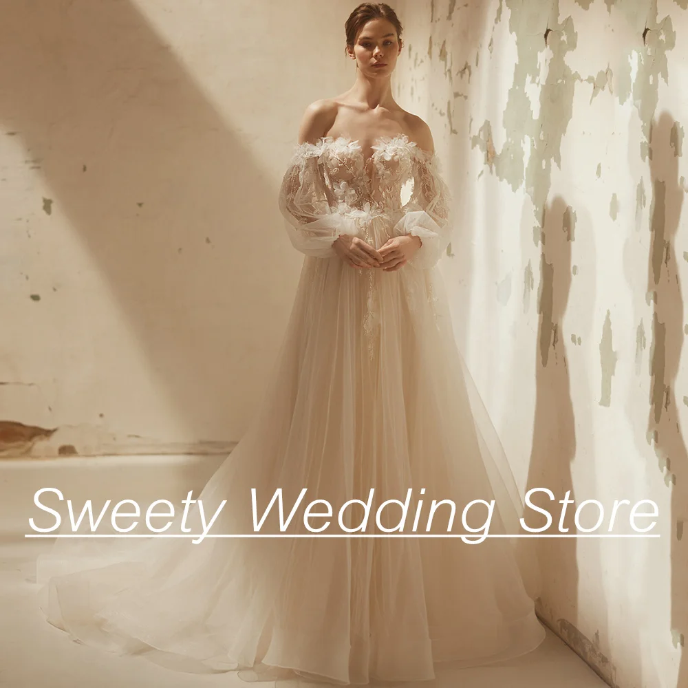 Jiayigong Romantic Bride Wedding Dress Puff Sleeves Sweetheart 3D Flowers See Through Soft Tulle A Line Bridal Gown for Woman