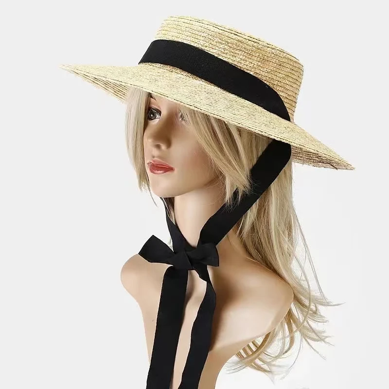 

French Retro Light Top Straw Degrees Strap Sun Protection Sun Hat with Wide Brim Female Photo Vacation Seaside Beach Bucket Hat