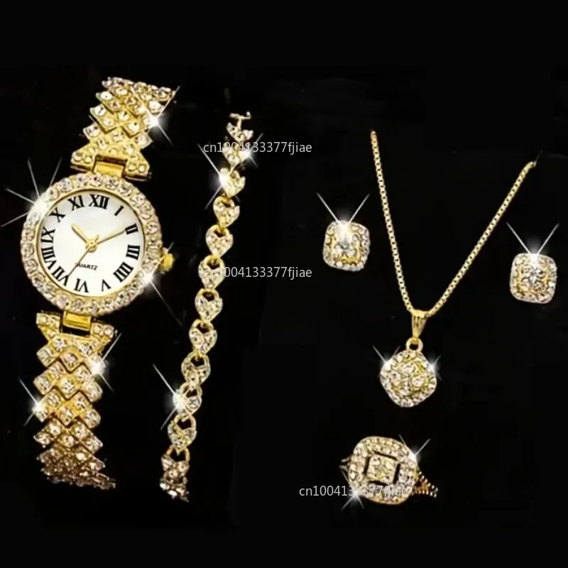 5PCS Set Watch Women Ring Necklace Earrings Rhinestone Fashion Wristwatch Female Casual Ladies Watches Bracelet Set Clock