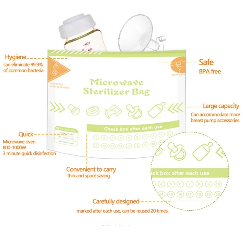 Buste per sterilizzazione da 10 pezzi, riutilizzabili, per microonde, 20 volte per busta QX2D