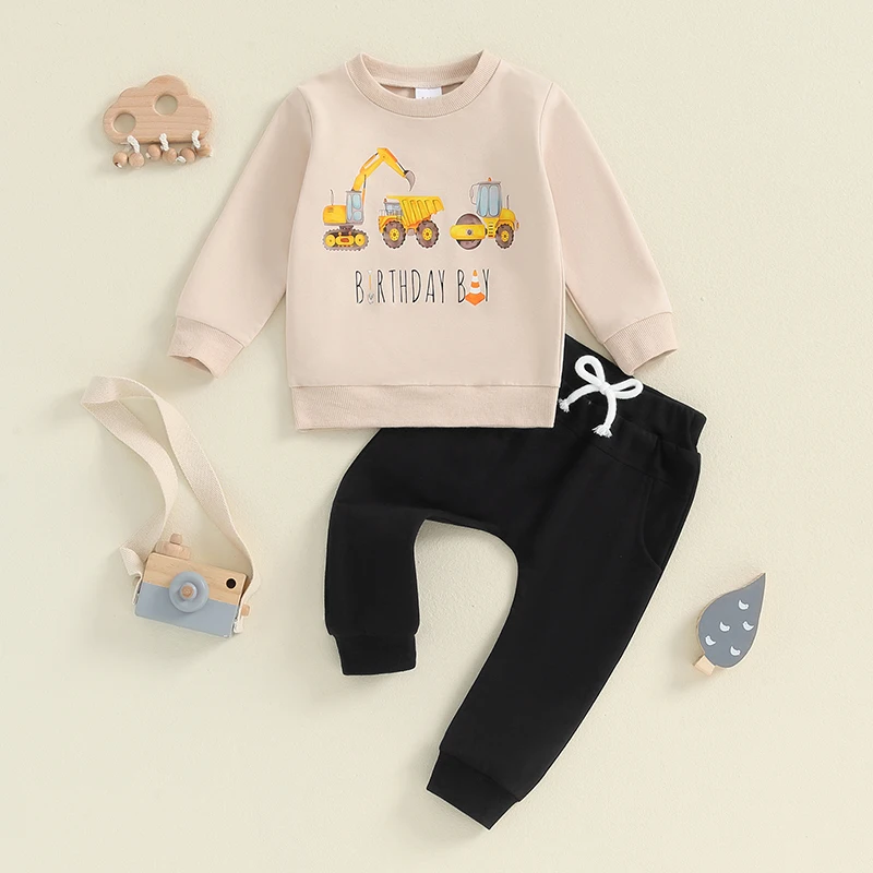 2024-05-30 Lioraitiin Little Boy Birthday Outfit, Excavator Print Long Sleeve Sweatshirt Pants with Pockets 2Pcs Set for Fall