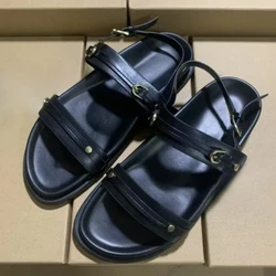 Classic Retro Black Women Flat Shoes 2026 Summer Thick Sole Metal Buckle Trendy Brand Soft Female Vacation Roman Sandals