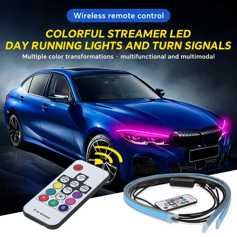 2pcs LED Car Daytime Running Light Flexible RGB Flowing Turn Signal Strip Headlight Decorative Lamp Remote Control Waterproof